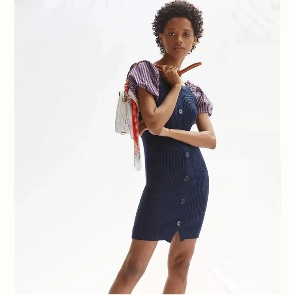 NEW Maeve By Anthropologie Navy Blue Rib Knit Short Puff Sleeves Sweater Dress M